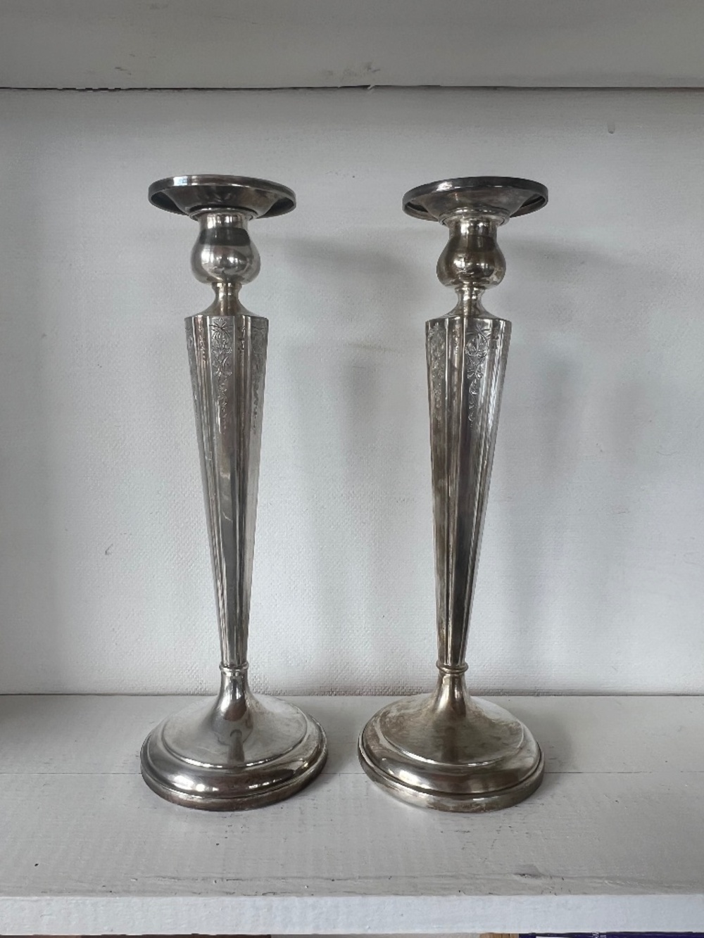 Antique Birks Sterling Silver 12” Candlesticks Pair 15/26 Engraved Weighted